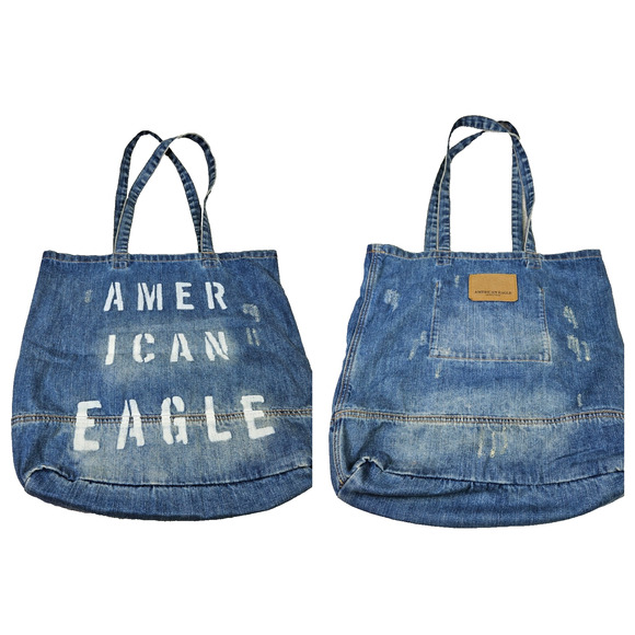 American Eagle Denim Tote Bag Blue AEO Jean Large Distressed Patch Cottage Logo - Picture 1 of 16